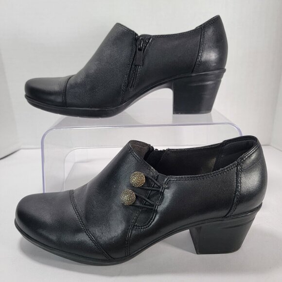 Clarks womens 8 Emslie Warren Slip On Loafer Black Leather Office Mid Heel - Picture 2 of 11